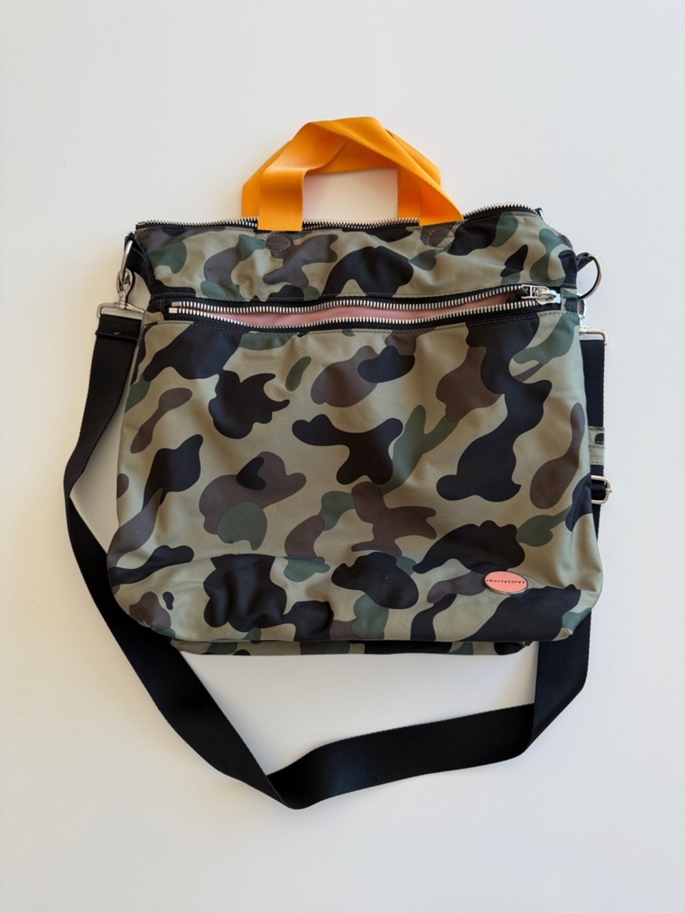 Shorty love Camouflage Crossbody Tote with Orange Handles